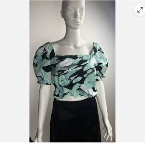 BP. Crop Top Short Puff Sleeve Black Teal Blue Square Neck Blouse Size M NWT